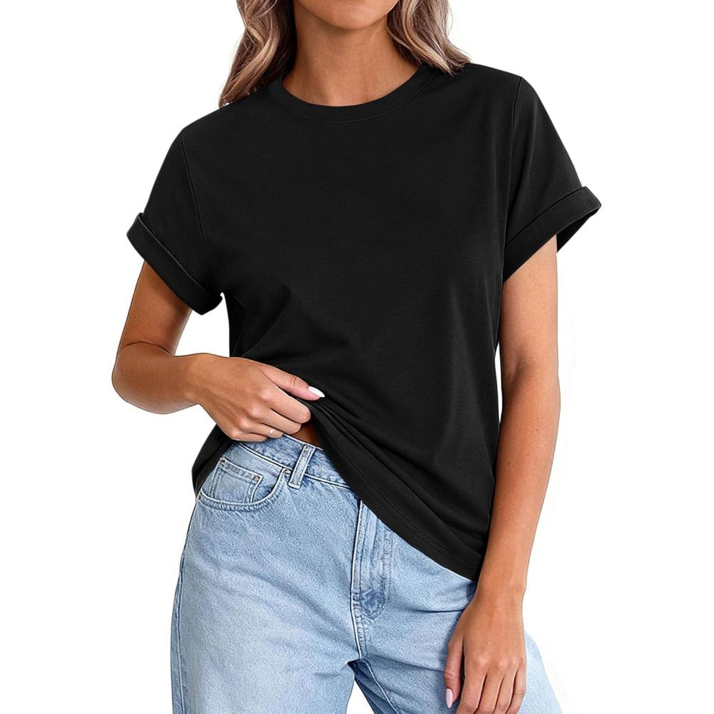 imagePRETTYGARDEN Womens Summer Tops 2026 Spring Casual Rolled Short Sleeve Basic Tees Crew Neck Work Shirts Fashion ClothingBlack