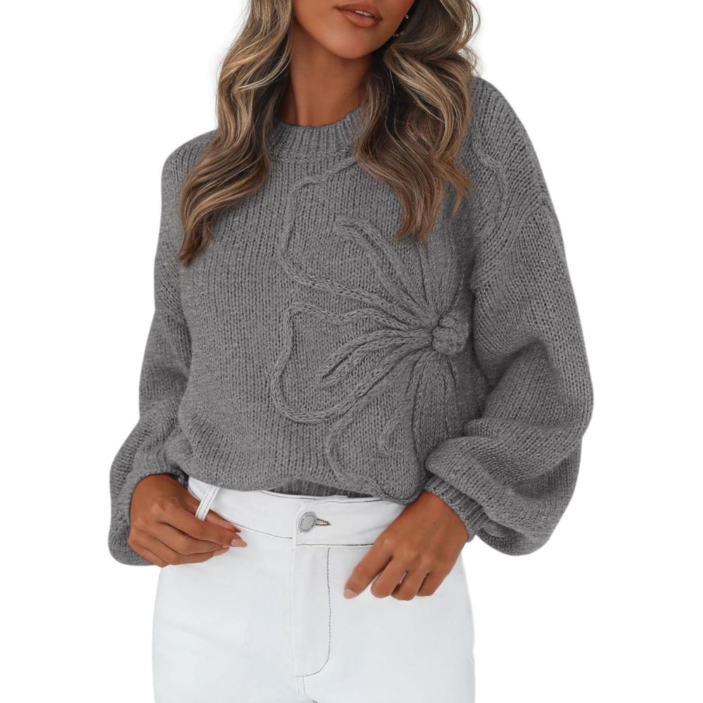 imagePRETTYGARDEN Womens Sweaters 2025 Fall Fashion Long Sleeve Crewneck Floral Knit Pullover Sweater Tops Winter ClothesDark Grey