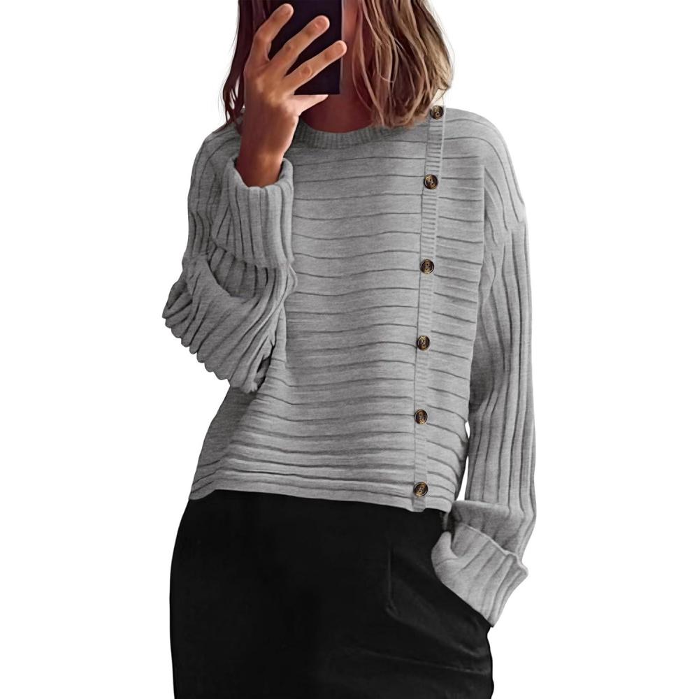 imagePRETTYGARDEN Womens Sweaters Fall 2026 Casual Long Sleeve Crewneck Button Loose Winter Knit Pullover Sweater TopsLight Grey