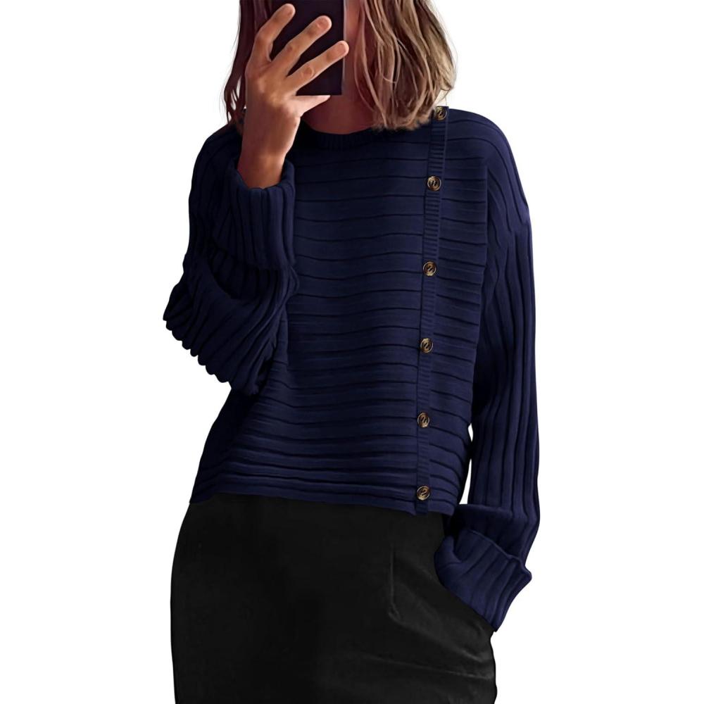 imagePRETTYGARDEN Womens Sweaters Fall 2026 Casual Long Sleeve Crewneck Button Loose Winter Knit Pullover Sweater TopsNavy