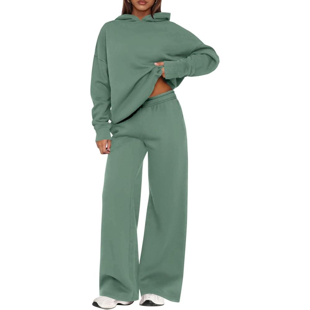 imagePRETTYGARDEN Womens Sweatsuits 2 Piece Set 2026 Casual Winter Long Sleeve Hoodie Loose Wide Leg Sweatpants Fall TracksuitGrey Green