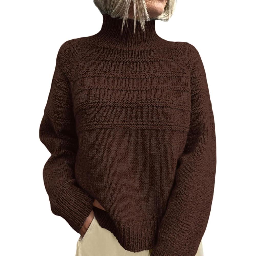 imagePRETTYGARDEN Womens Turtleneck Sweaters 2026 Fall Chunky Knit Pullover Long Sleeve Jumper Tops Trendy Winter ClothesBrown