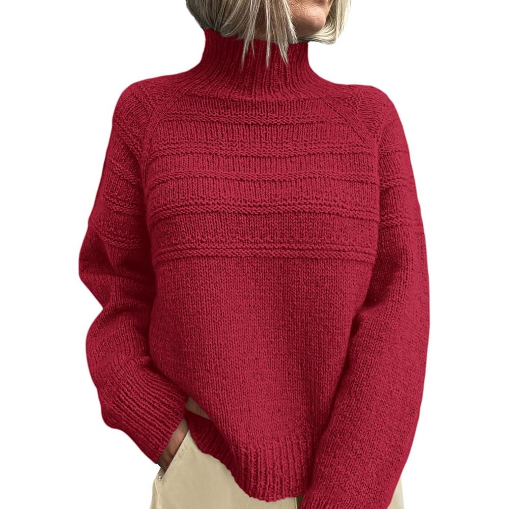 imagePRETTYGARDEN Womens Turtleneck Sweaters 2026 Fall Chunky Knit Pullover Long Sleeve Jumper Tops Trendy Winter ClothesRed