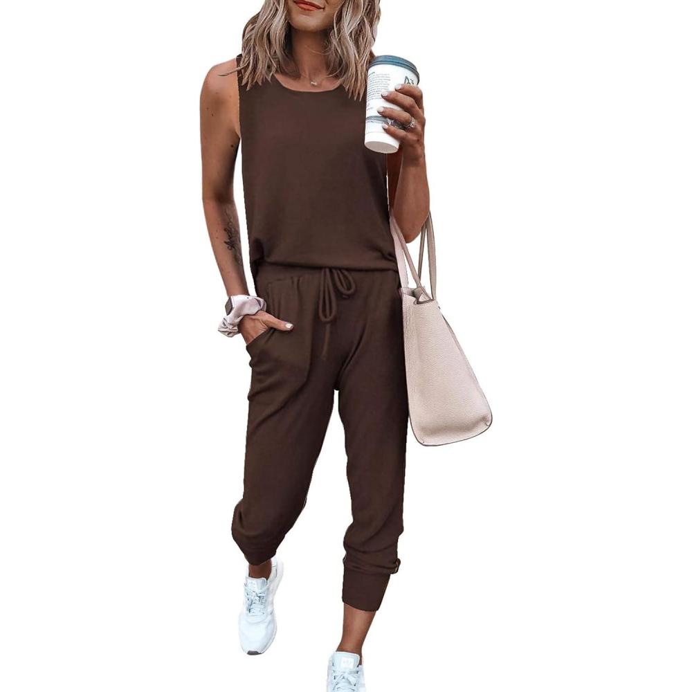 imagePRETTYGARDEN Womens Two Piece Outfit Sets Casual Summer Sleeveless Matching Lounge Wear Spring Travel Clothes TracksuitBrown