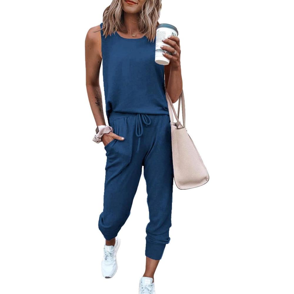 imagePRETTYGARDEN Womens Two Piece Outfit Sets Casual Summer Sleeveless Matching Lounge Wear Spring Travel Clothes TracksuitDark Blue