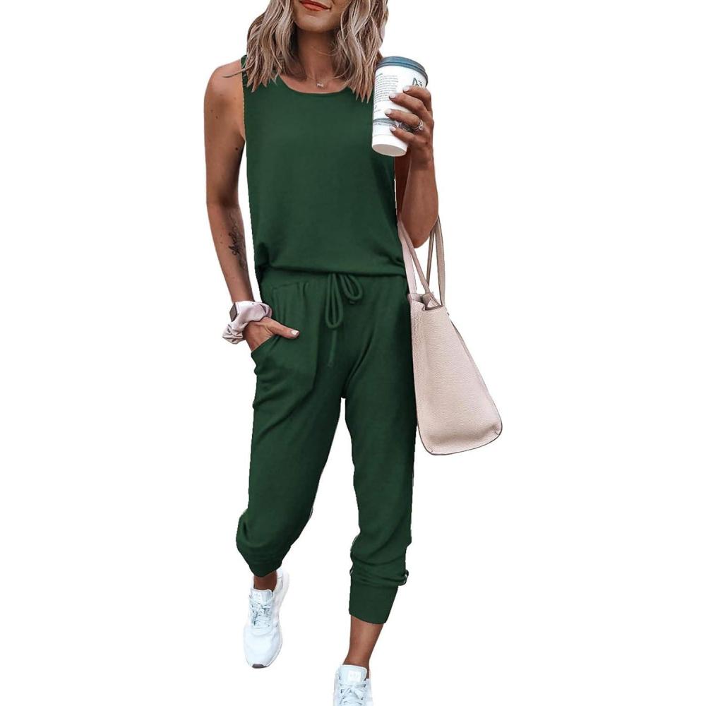 imagePRETTYGARDEN Womens Two Piece Outfit Sets Casual Summer Sleeveless Matching Lounge Wear Spring Travel Clothes TracksuitDark Green