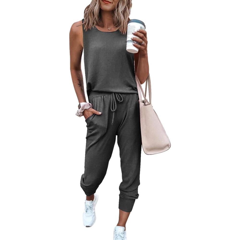 imagePRETTYGARDEN Womens Two Piece Outfit Sets Casual Summer Sleeveless Matching Lounge Wear Spring Travel Clothes TracksuitDark Grey