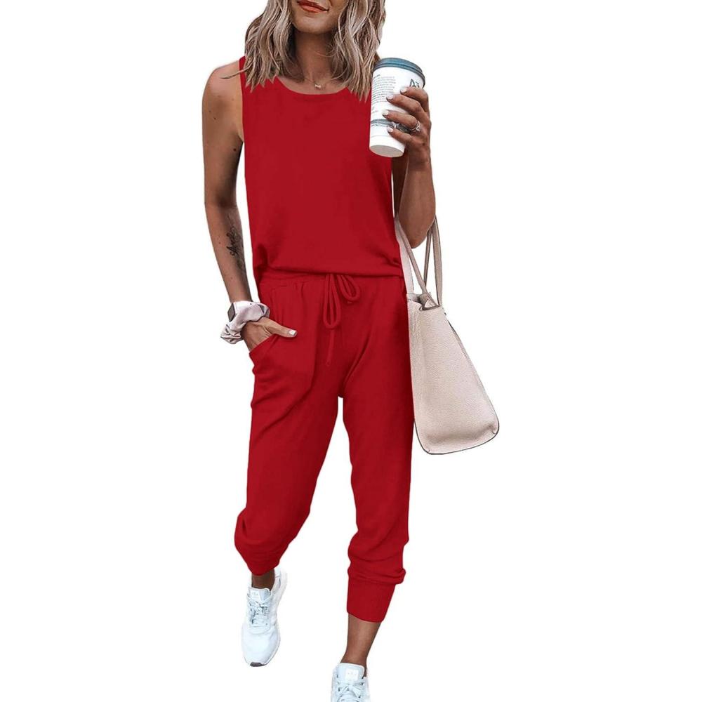 imagePRETTYGARDEN Womens Two Piece Outfit Sets Casual Summer Sleeveless Matching Lounge Wear Spring Travel Clothes TracksuitRed