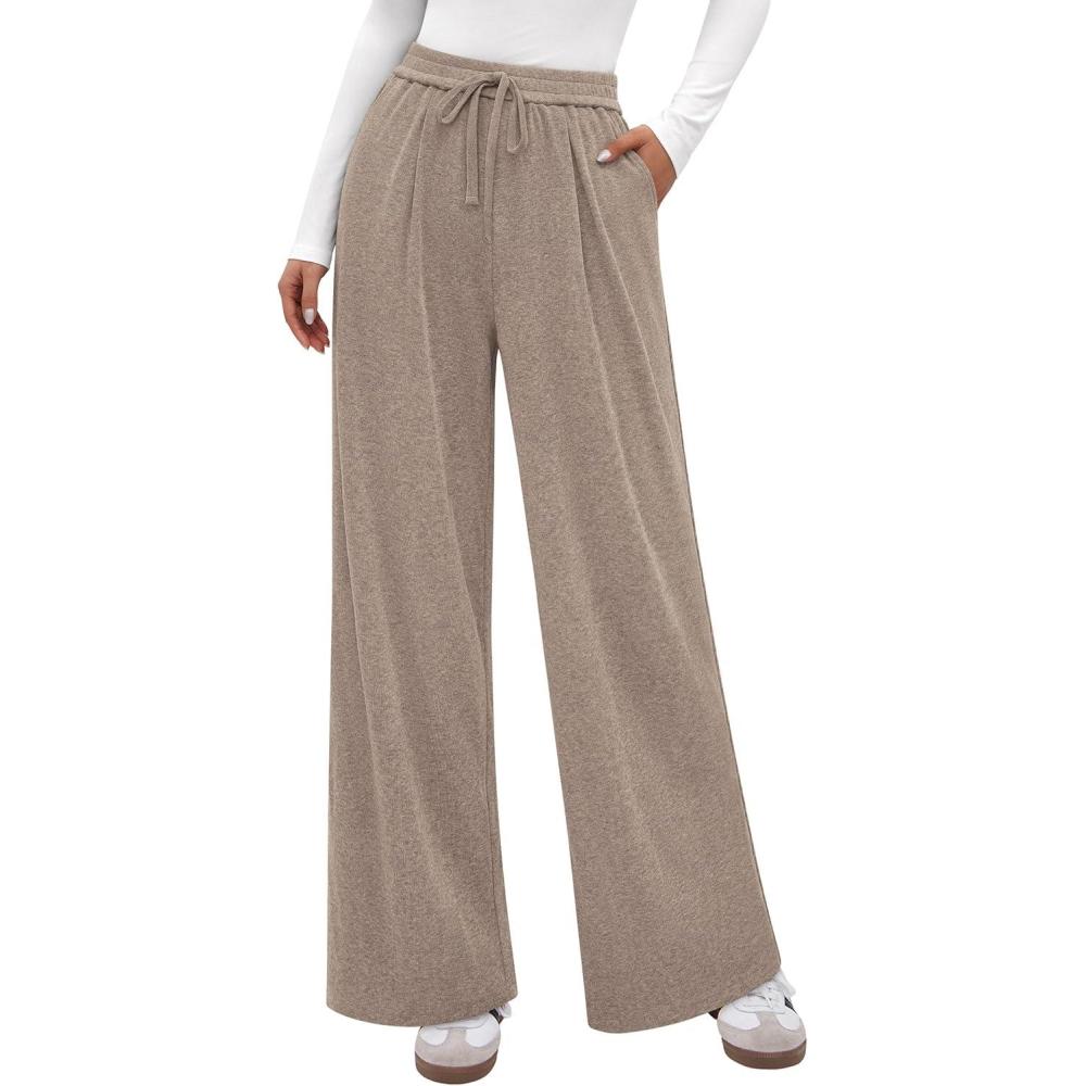 imagePRETTYGARDEN Womens Wide Leg Pants 2026 Fall Clothes Elastic High Waisted Knit Lounge Palazzo Pant Trousers with PocketsKhaki