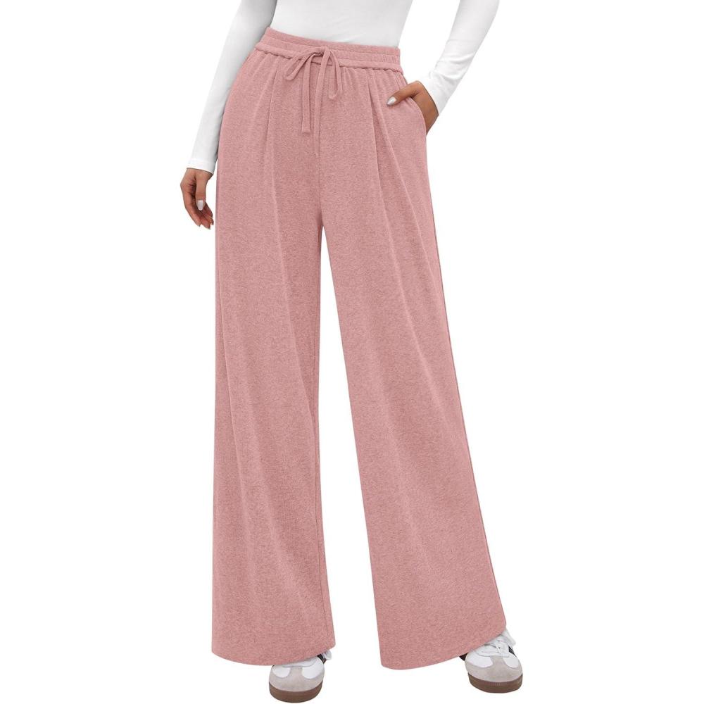 imagePRETTYGARDEN Womens Wide Leg Pants 2026 Fall Clothes Elastic High Waisted Knit Lounge Palazzo Pant Trousers with PocketsPink