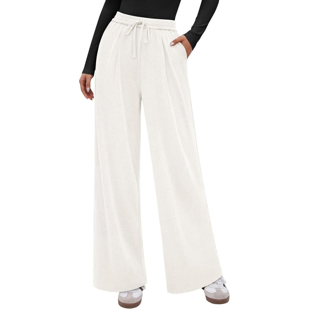 imagePRETTYGARDEN Womens Wide Leg Pants 2026 Fall Clothes Elastic High Waisted Knit Lounge Palazzo Pant Trousers with PocketsWhite