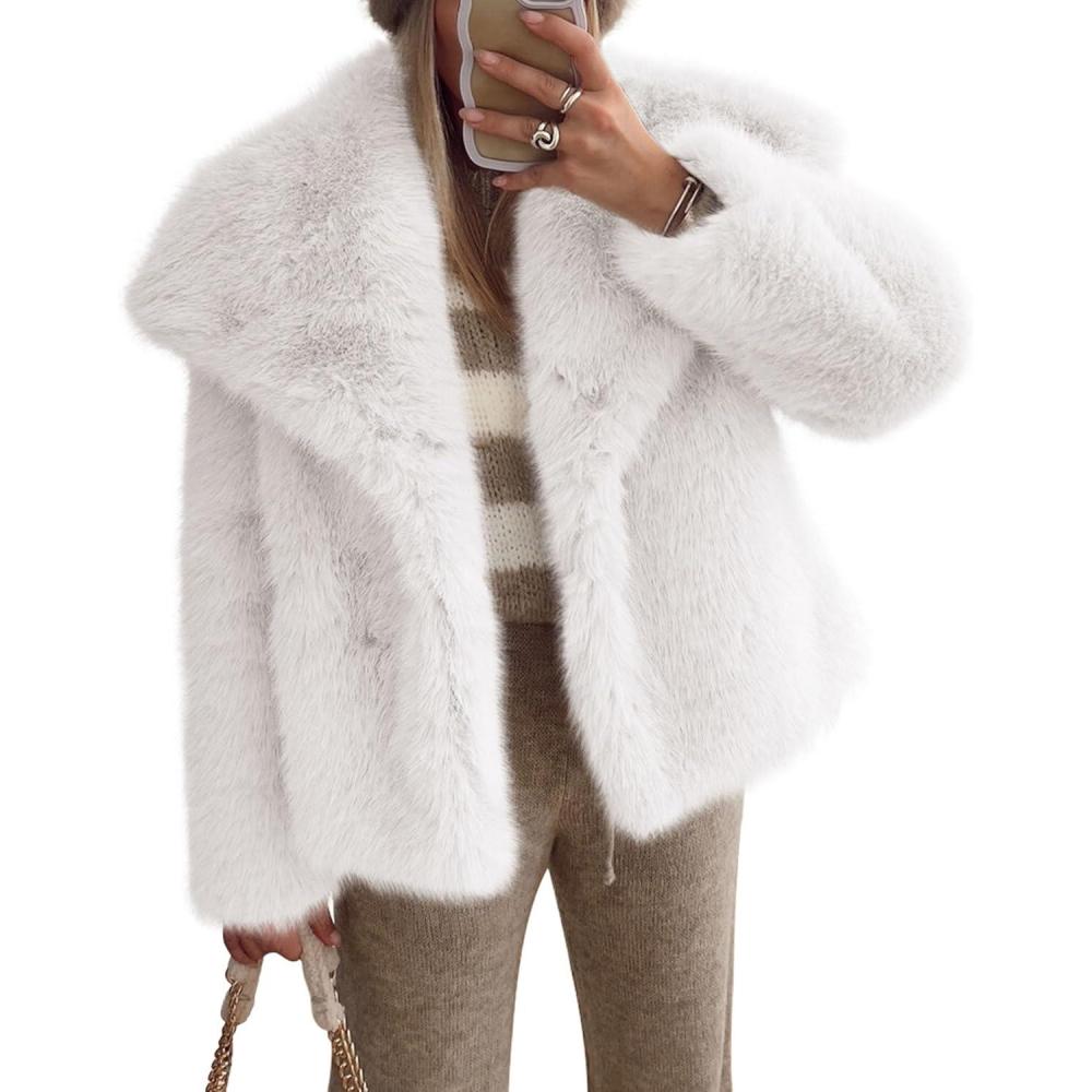 imagePRETTYGARDEN Womens Winter Coats 2026 Trendy Long Sleeve Furry Faux Fur Jackets Button Lapel Warm Fall Outwear with PocketsWhite