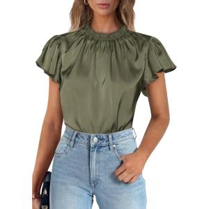 PRETTYGARDEN Business Casual Tops for Women Blouses Dressy 2026 Summer Short Sleeve Ruffle Satin Work Office Attire(Army Green)
