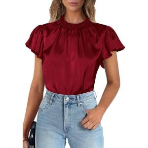 PRETTYGARDEN Business Casual Tops for Women Blouses Dressy 2026 Summer Short Sleeve Ruffle Satin Work Office Attire(Wine Red)