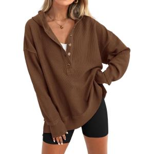 PRETTYGARDEN Button Up Hoodie for Women 2025 Fall Shirts Long Sleeve Oversized Sweatshirt Loose Fit Casual Pullover Tops(Brown,Large)