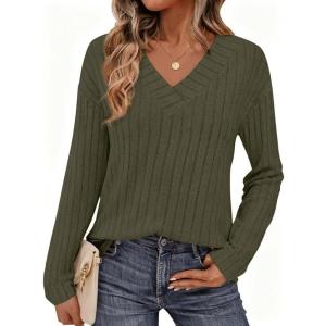 PRETTYGARDEN Fall Fashion 2026 Long Sleeve Shirts for Women Ribbed Knit V Neck Dressy Casual Lightweight Sweaters Tunic Tops(Army Green)