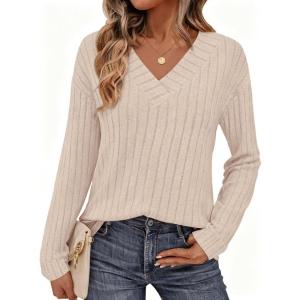 PRETTYGARDEN Fall Fashion 2026 Long Sleeve Shirts for Women Ribbed Knit V Neck Dressy Casual Lightweight Sweaters Tunic Tops(Beige)