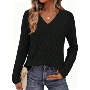 PRETTYGARDEN Fall Fashion 2026 Long Sleeve Shirts for Women Ribbed Knit V Neck Dressy Casual Lightweight Sweaters Tunic Tops(Black)