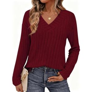 PRETTYGARDEN Fall Fashion 2026 Long Sleeve Shirts for Women Ribbed Knit V Neck Dressy Casual Lightweight Sweaters Tunic Tops(Burgundy)