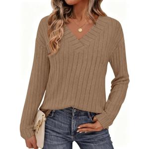 PRETTYGARDEN Fall Fashion 2026 Long Sleeve Shirts for Women Ribbed Knit V Neck Dressy Casual Lightweight Sweaters Tunic Tops(Khaki)