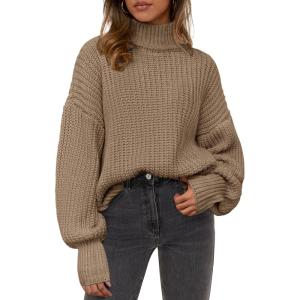 PRETTYGARDEN Fall Oversized Sweaters for Women Chunky Knit Long Sleeve Turtle Neck Pullover Jumper Tops Cozy Winter Clothing(Light Khaki)