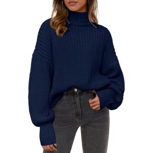 PRETTYGARDEN Fall Oversized Sweaters for Women Chunky Knit Long Sleeve Turtle Neck Pullover Jumper Tops Cozy Winter Clothing(Navy Blue)