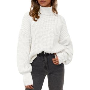 PRETTYGARDEN Fall Oversized Sweaters for Women Chunky Knit Long Sleeve Turtle Neck Pullover Jumper Tops Cozy Winter Clothing(White)