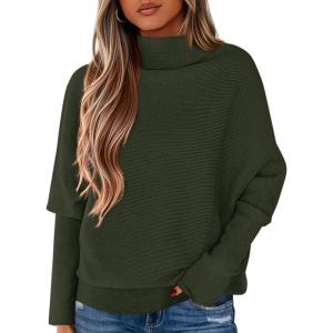 PRETTYGARDEN Fall Sweaters for Women 2026 Winter Clothing Batwing Sleeve Casual Loose Knit Turtleneck Sweater Holiday Outfits(Army Green)