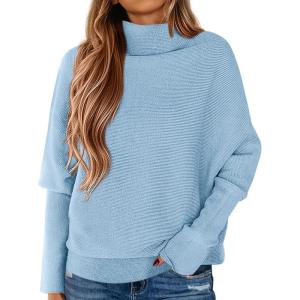 PRETTYGARDEN Fall Sweaters for Women 2026 Winter Clothing Batwing Sleeve Casual Loose Knit Turtleneck Sweater Holiday Outfits(Blue)