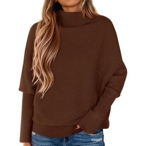 PRETTYGARDEN Fall Sweaters for Women 2026 Winter Clothing Batwing Sleeve Casual Loose Knit Turtleneck Sweater Holiday Outfits(Brown)