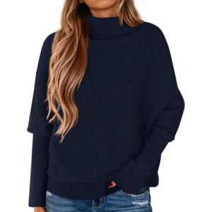 PRETTYGARDEN Fall Sweaters for Women 2026 Winter Clothing Batwing Sleeve Casual Loose Knit Turtleneck Sweater Holiday Outfits(Navy)