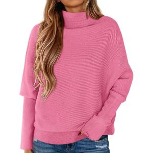 PRETTYGARDEN Fall Sweaters for Women 2026 Winter Clothing Batwing Sleeve Casual Loose Knit Turtleneck Sweater Holiday Outfits(Pink)