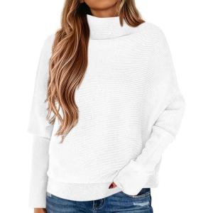 PRETTYGARDEN Fall Sweaters for Women 2026 Winter Clothing Batwing Sleeve Casual Loose Knit Turtleneck Sweater Holiday Outfits(White)
