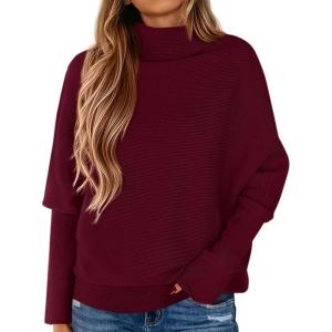 PRETTYGARDEN Fall Sweaters for Women 2026 Winter Clothing Batwing Sleeve Casual Loose Knit Turtleneck Sweater Holiday Outfits(Wine Red)