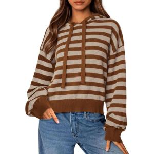 PRETTYGARDEN Hoodies for Women Fall Fashion 2026 Striped Pullover Sweaters Casual Long Sleeve Tops Winter Clothing(Striped Apricot Coffee)