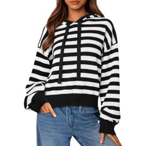 PRETTYGARDEN Hoodies for Women Fall Fashion 2026 Striped Pullover Sweaters Casual Long Sleeve Tops Winter Clothing(Striped Black White)