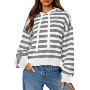 PRETTYGARDEN Hoodies for Women Fall Fashion 2026 Striped Pullover Sweaters Casual Long Sleeve Tops Winter Clothing(Striped Grey White)