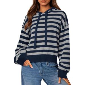 PRETTYGARDEN Hoodies for Women Fall Fashion 2026 Striped Pullover Sweaters Casual Long Sleeve Tops Winter Clothing(Striped Navy Grey)