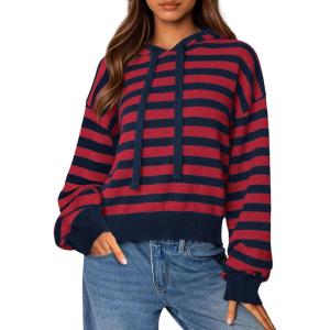 PRETTYGARDEN Hoodies for Women Fall Fashion 2026 Striped Pullover Sweaters Casual Long Sleeve Tops Winter Clothing(Striped Navy Red)