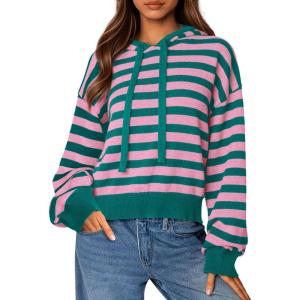 PRETTYGARDEN Hoodies for Women Fall Fashion 2026 Striped Pullover Sweaters Casual Long Sleeve Tops Winter Clothing(Striped Pink Green)