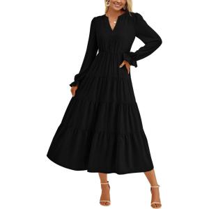 PRETTYGARDEN Long Sleeve Dress for Women Fall V Neck Tiered A Line Spring Elegant Modest Flowy Wedding Guest Maxi Dresses(Black)