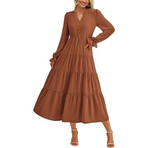 PRETTYGARDEN Long Sleeve Dress for Women Fall V Neck Tiered A Line Spring Elegant Modest Flowy Wedding Guest Maxi Dresses(Brown)