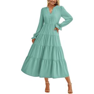 PRETTYGARDEN Long Sleeve Dress for Women Fall V Neck Tiered A Line Spring Elegant Modest Flowy Wedding Guest Maxi Dresses(Light Green)