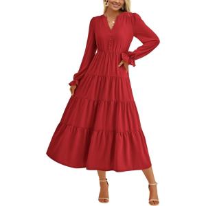 PRETTYGARDEN Long Sleeve Dress for Women Fall V Neck Tiered A Line Spring Elegant Modest Flowy Wedding Guest Maxi Dresses(Red)