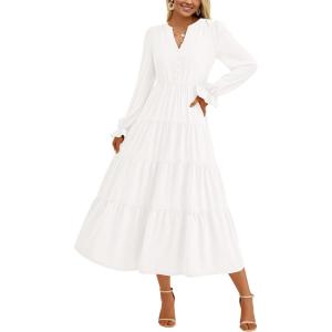 PRETTYGARDEN Long Sleeve Dress for Women Fall V Neck Tiered A Line Spring Elegant Modest Flowy Wedding Guest Maxi Dresses(White)