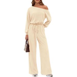 PRETTYGARDEN Long Sleeve Jumpsuit For Women Dressy 2025 Off Shoulder One Piece Loose Wide Leg Jumpsuits Casual Flowy Romper(Apricot)