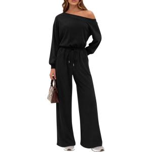 PRETTYGARDEN Long Sleeve Jumpsuit For Women Dressy 2025 Off Shoulder One Piece Loose Wide Leg Jumpsuits Casual Flowy Romper(Black)