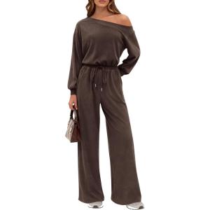 PRETTYGARDEN Long Sleeve Jumpsuit For Women Dressy 2025 Off Shoulder One Piece Loose Wide Leg Jumpsuits Casual Flowy Romper(Brown)
