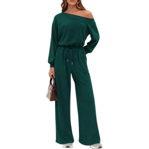 PRETTYGARDEN Long Sleeve Jumpsuit For Women Dressy 2025 Off Shoulder One Piece Loose Wide Leg Jumpsuits Casual Flowy Romper(Dark Green)