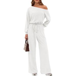 PRETTYGARDEN Long Sleeve Jumpsuit For Women Dressy 2025 Off Shoulder One Piece Loose Wide Leg Jumpsuits Casual Flowy Romper(White)